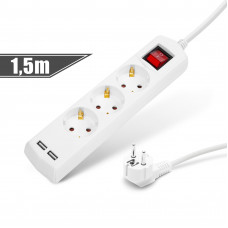 Elosztó 3-as 3x1,5 mm - 1,5 m - 2 x USB-vel - kapcsolós